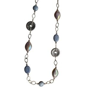 Silver Tone Iridescent  Blue Crackle Bead Long Station Necklace Crown Charm Boho